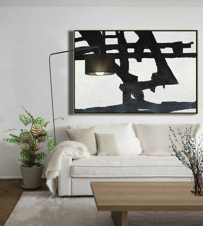 Hand Painted Original Art,Hand Painted Oversized Horizontal Minimal Art On Canvas, Black And White Minimalist Painting - Acrylic Painting Large Wall Art